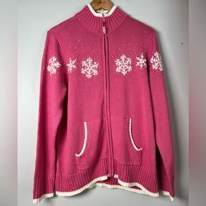 Quacker Factory Sweater Pink With White Snowflakes Beads And Trim NWT Large